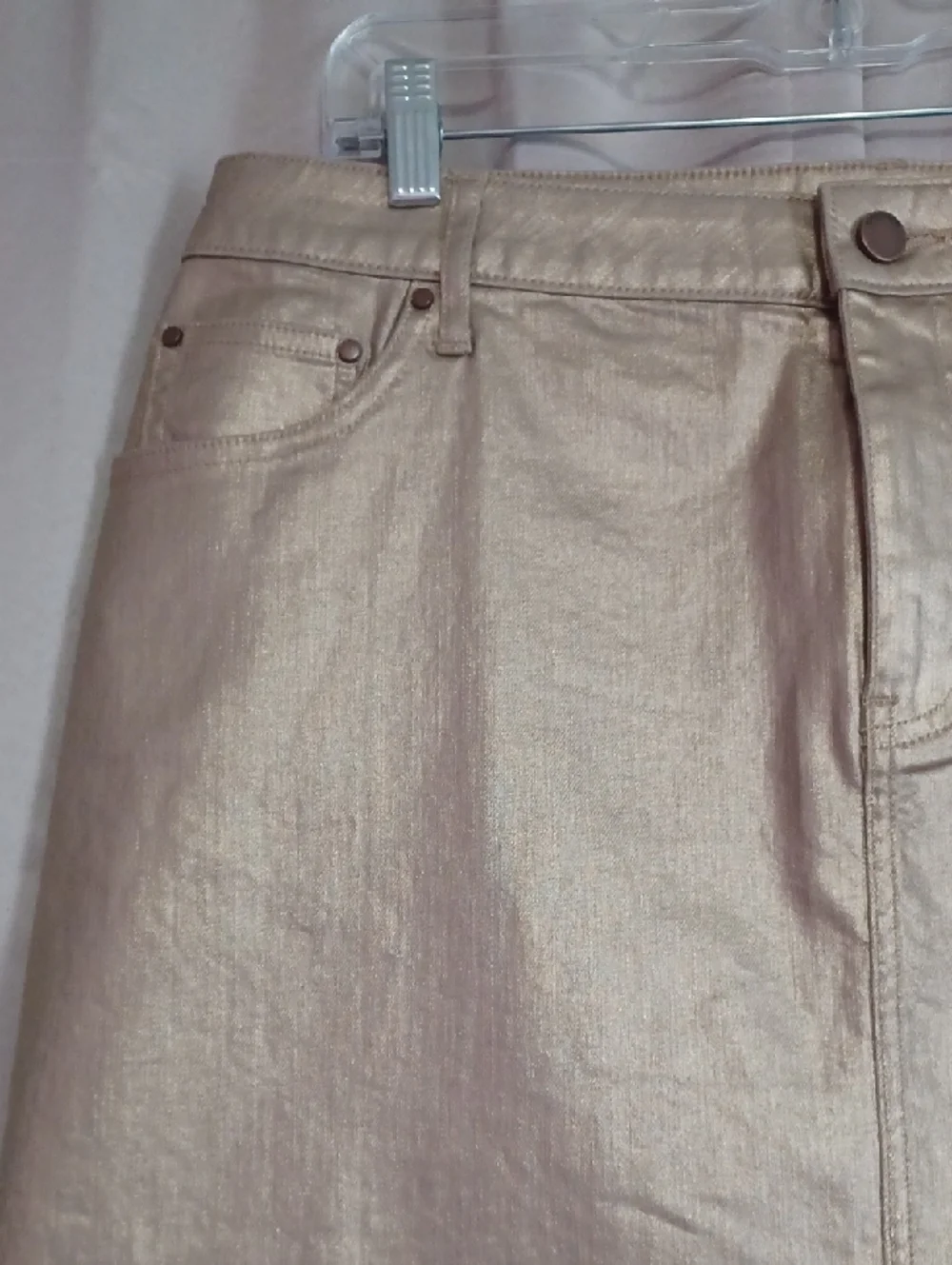 Boden Gold Metallic Denim Mini Skirt 5 Pocket Zip Fly Button Closure Like New